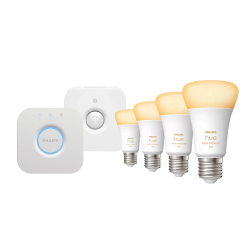 PHILIPs Hue Bundle: Hue Bridge + Bewegungsmelder + White Lampen Ambiance Set (4 Glühbirnen)